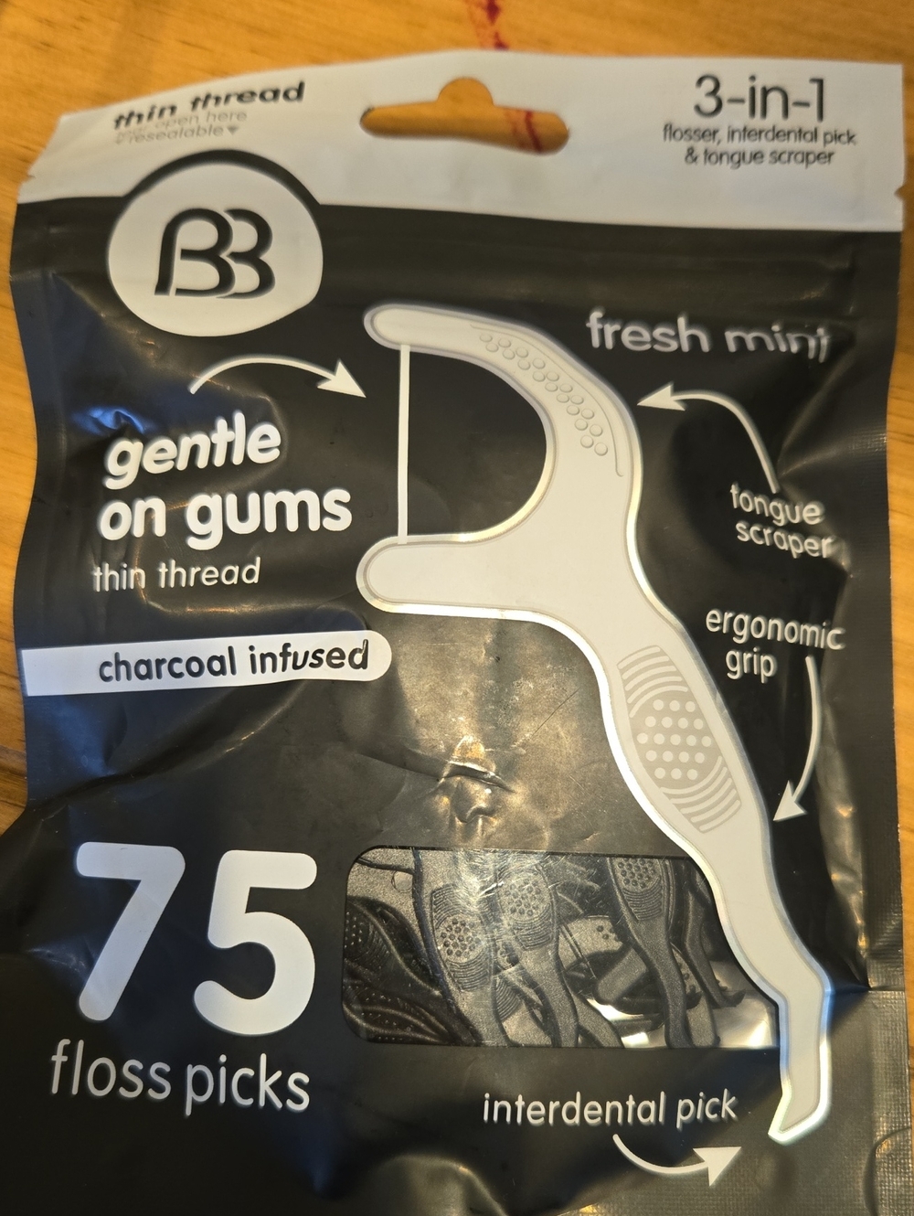 Charcoal Infused Gentle-On-Gums Floss Picks – Black (75 Count)